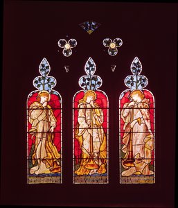 Three Trumpeting Angels, south aisle window, made by Morris, Marshall, Faulkner and Co.